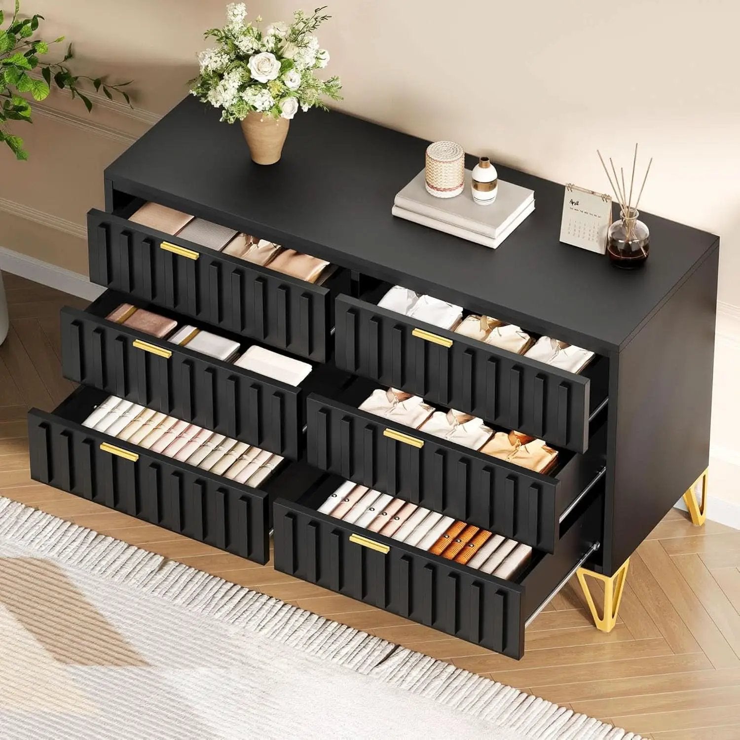 Fluted Stainlesssteel Dresser Six Drawer Black Mattefinish from PriceLows™