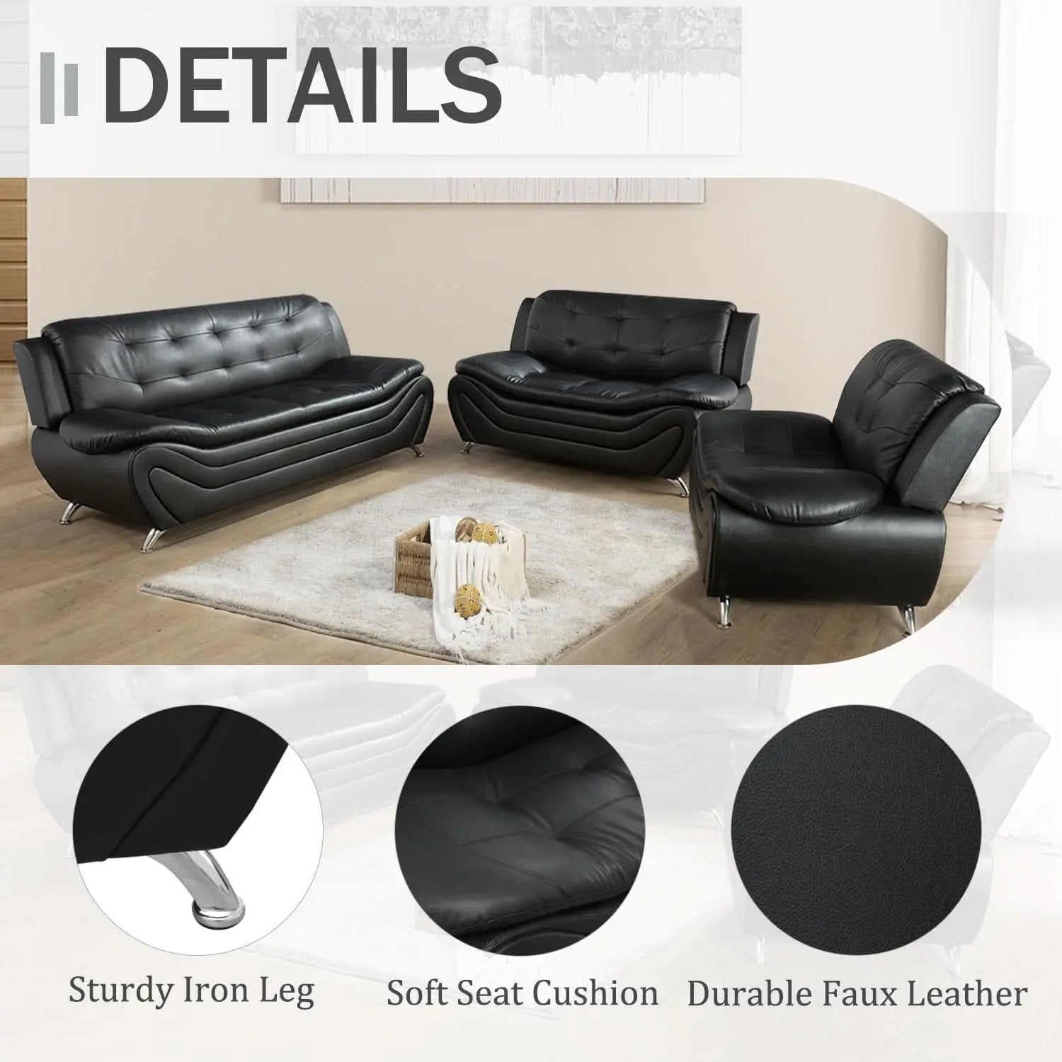 3 Piece Faux Leather Sofa Set For Living Room Black 3 Seater Sofa Loveseat Armchair from PriceLows™