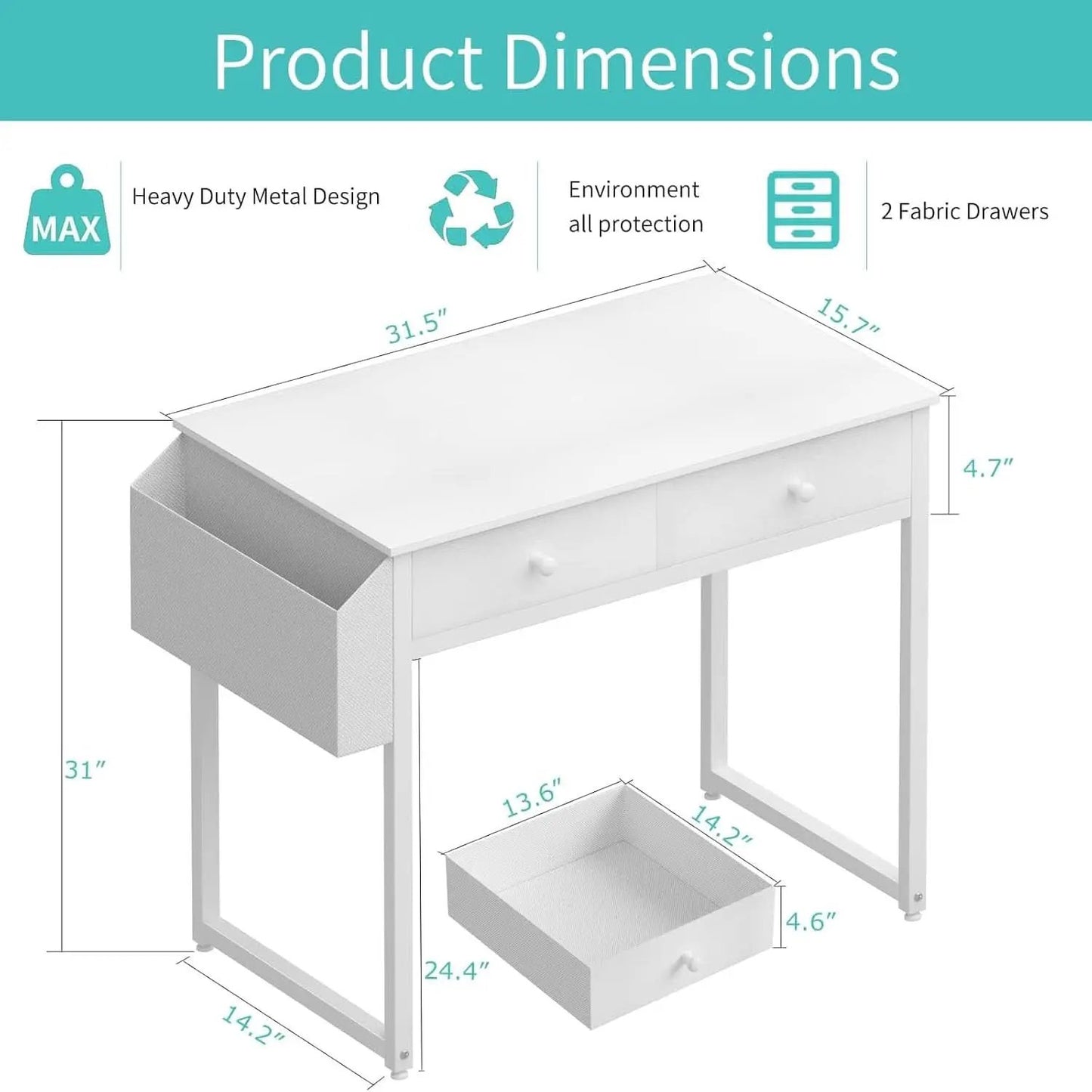White Desk With Drawers 32 Inch Space Saving Home Office Desk from PriceLows™