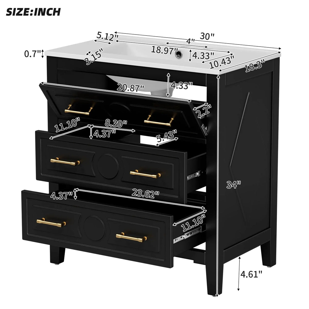 30 Inch Retro Bathroom Vanity | Free Standing Single Set | 3 Drawers | Solid Wood Frame