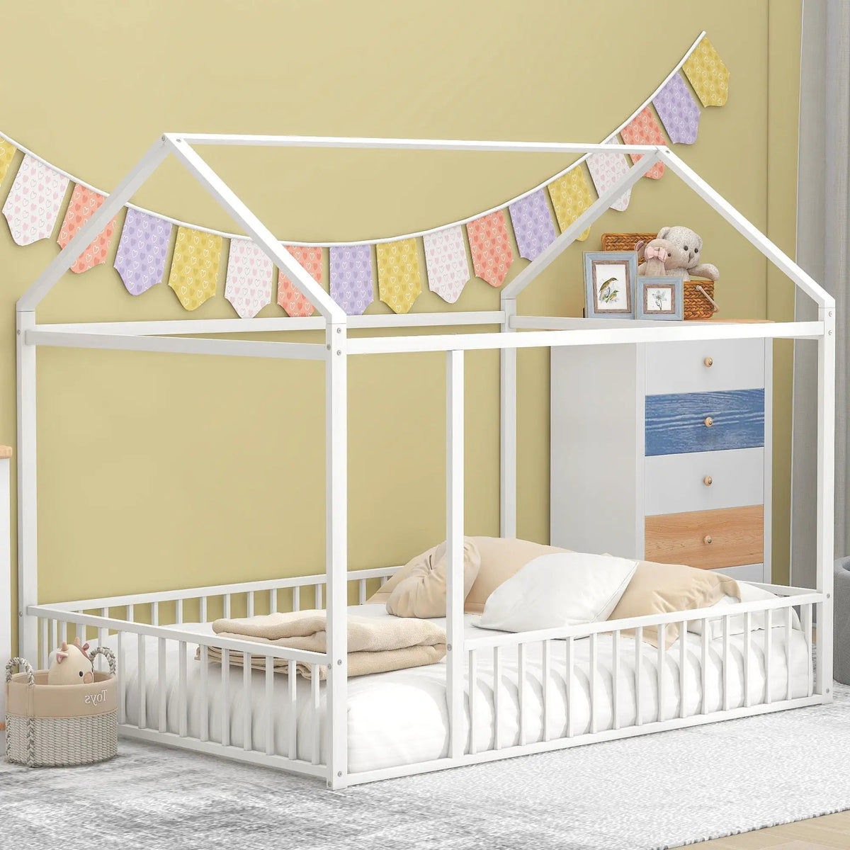 Kids Metal Bed Frame | Roof And Side Fence | Semi Enclosed Space | Three Colors