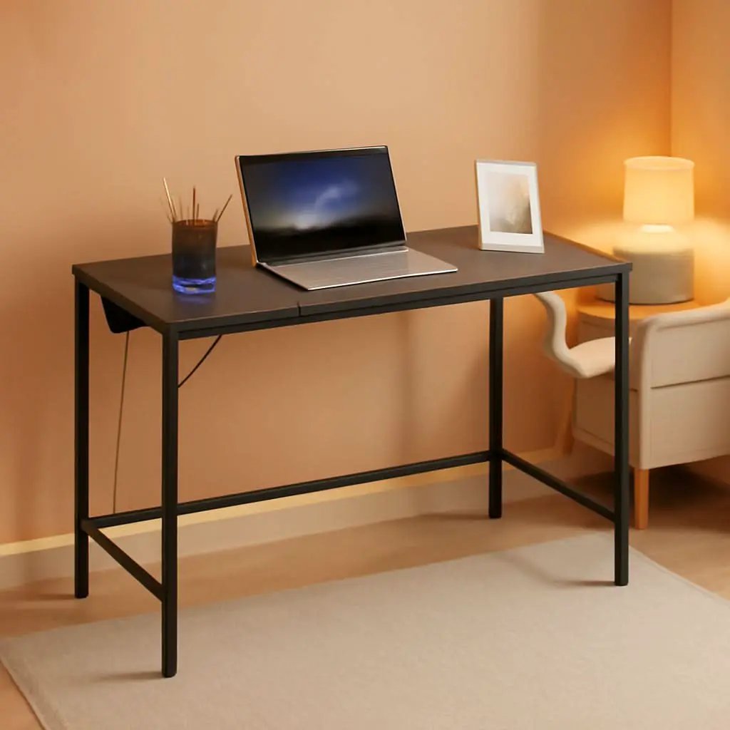 Charcoal Gray Computer Desk With Power Outlet And Hooks from PriceLows™