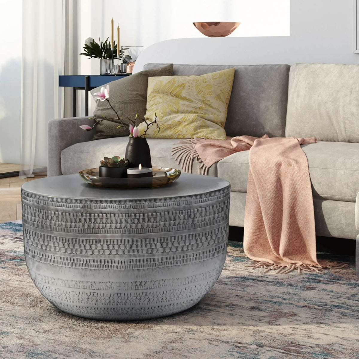 Johnsen Metal Coffee Table | Handcrafted | Large Round Shape | Distinctive Textured Detail