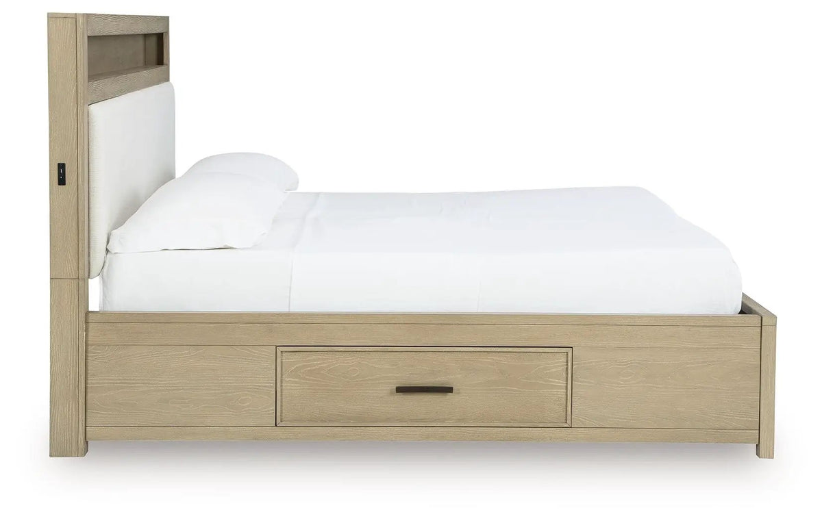Calmoro Bookcase Storage Bed | Upholstered Panel Headboard | Gray Wash Finish | Warm Undertones
