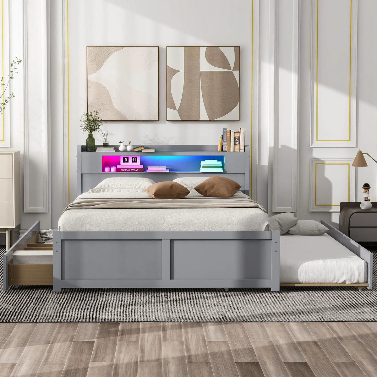 Storage Platform Bed | Color Changing LED Lights | Twin Trundle | 2 Drawers