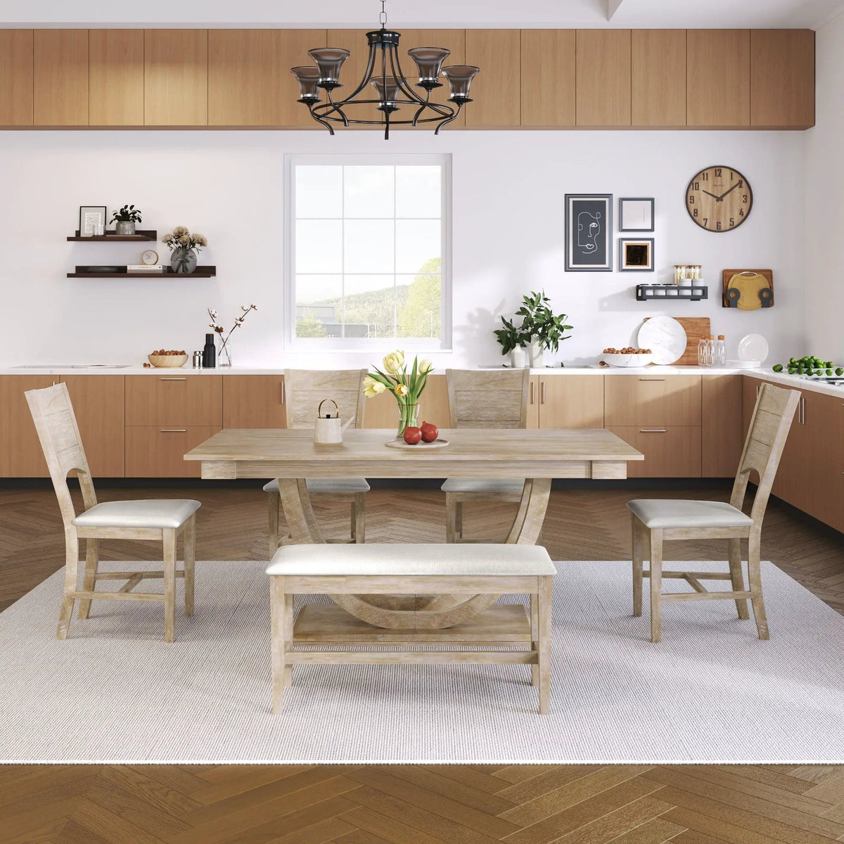 Dining Table Set | 6 Piece Solid Wood | Half Round Legs | 59 Inch