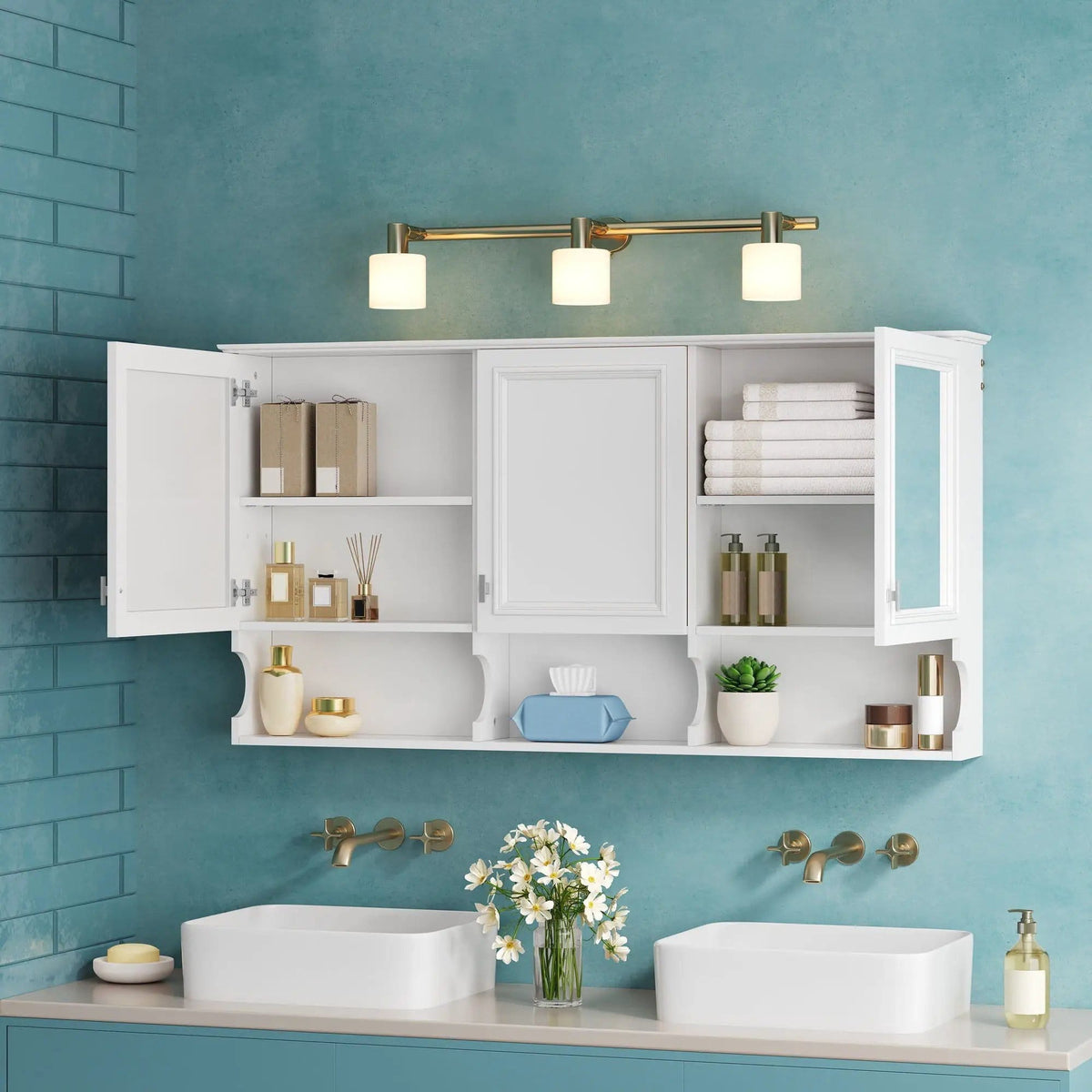 Wall-Mounted Mirror Medicine Cabinet With Adjustable Shelf And Open Shelves | 55 x 7.3 x 28.7 in | Solid Wood | White
