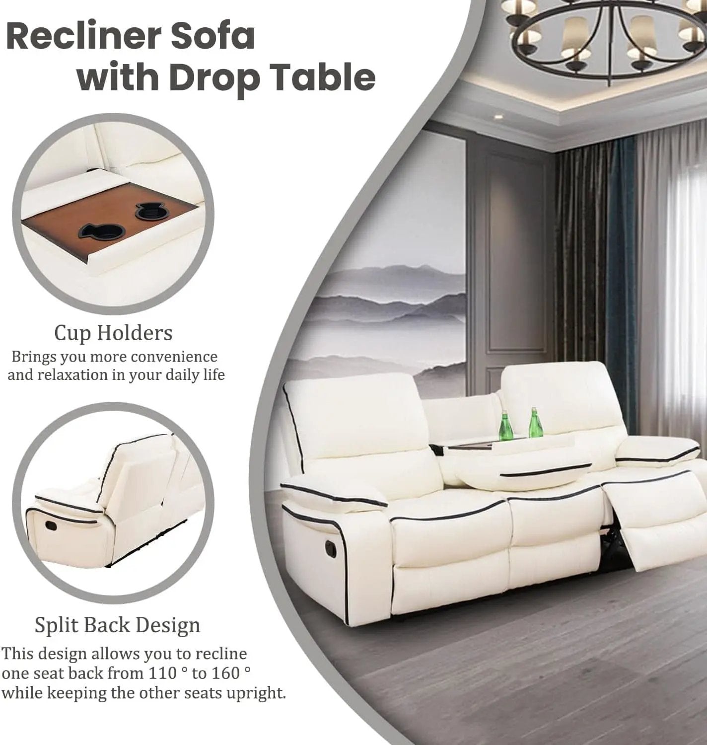 Cream White Bonded Leather Recliner Sofa Set With Manual Recliner from PriceLows™