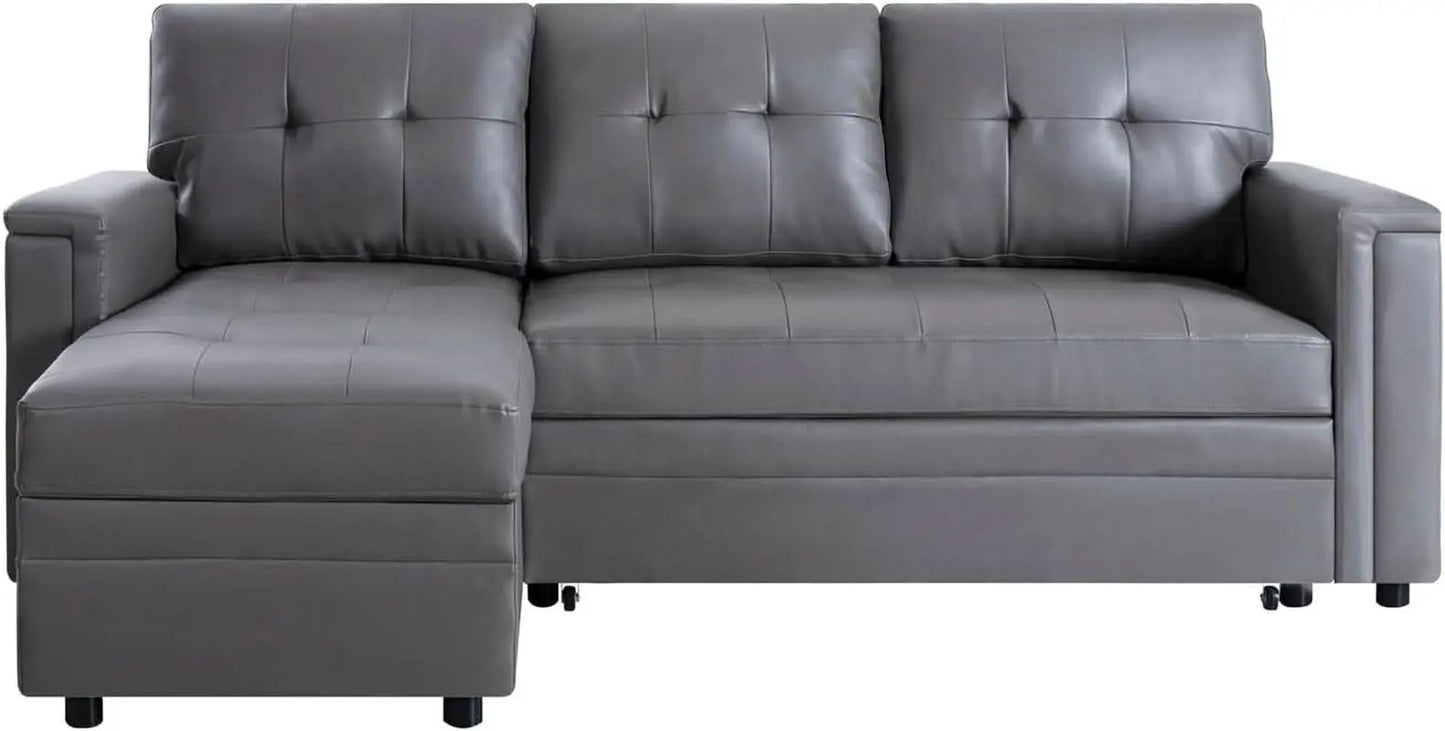 L Shaped Sectional Sleeper Sofa With USB Ports Gray Leather from PriceLows™