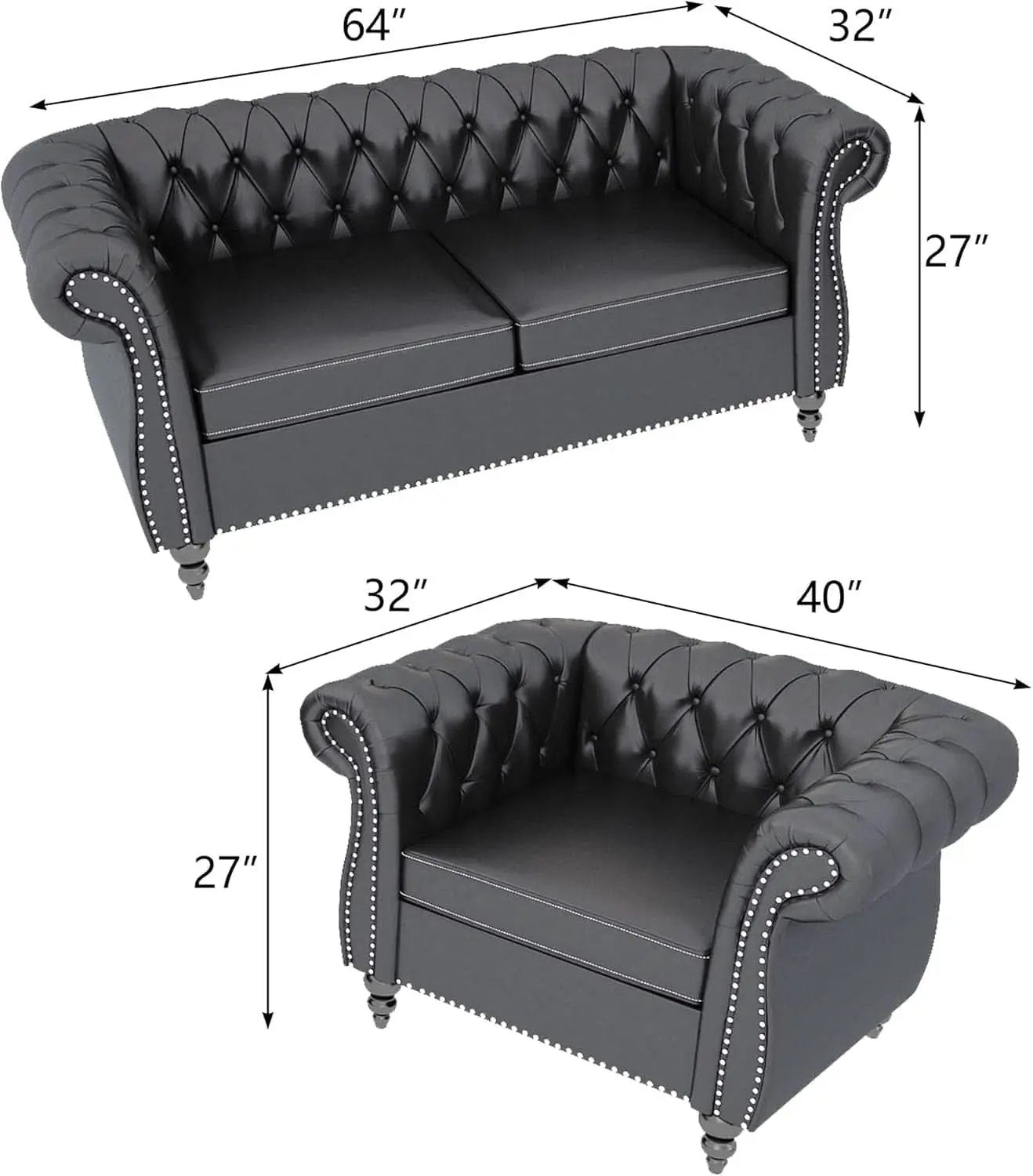 Sectional PU Leather Modular Sofa Couches, Black Tufted Cushions