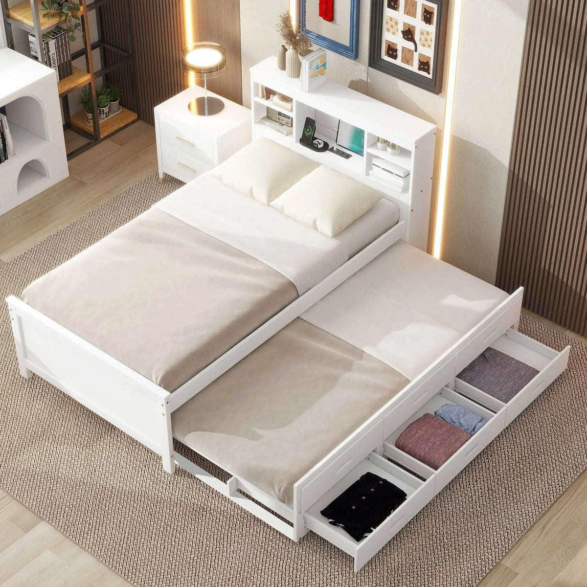Platform Bed | Storage Headboard | USB Ports | Twin Trundle