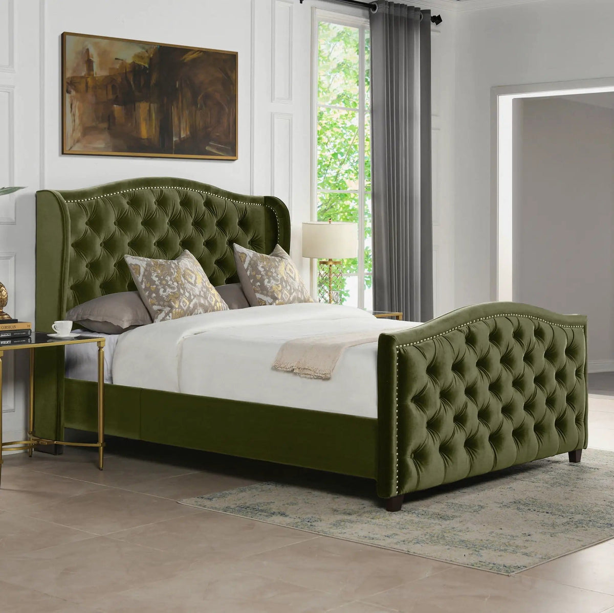 Marcella Upholstered Shelter Headboard Bed | 5 Pieces | Fabric & Iron | Bedroom