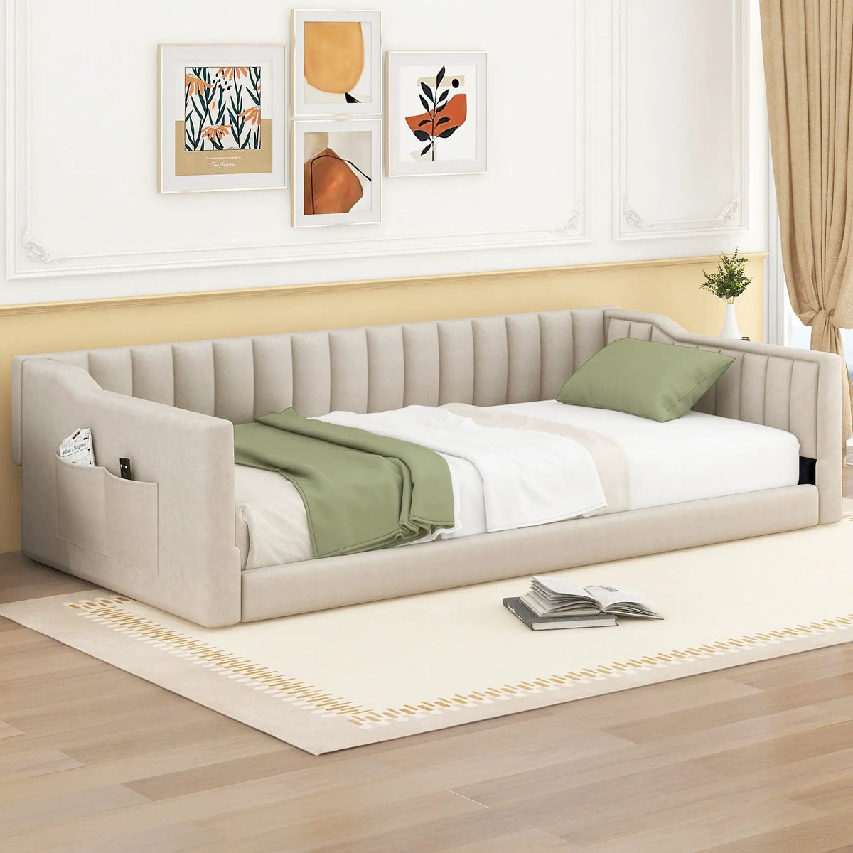 Compact Daybed | Side Storage Pocket | Vertical Stripe Upholstery | 87.8 Inch Length