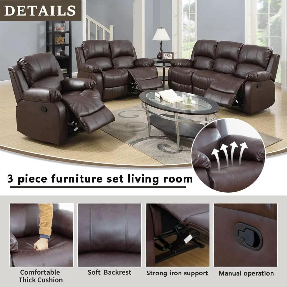 Brown Leather 3 Piece Recliner Sofa Living Room Set from PriceLows™