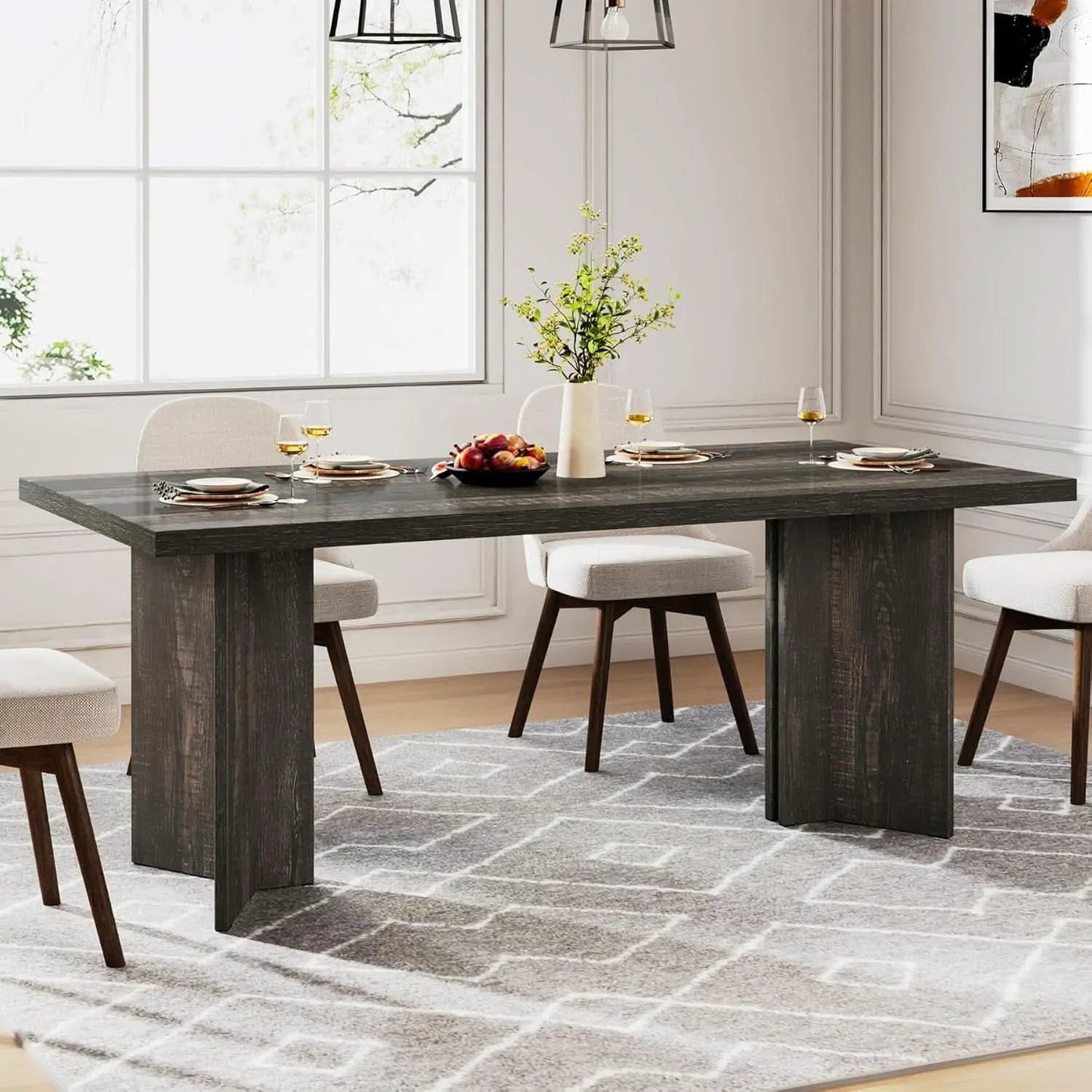 63 Inch Dark Gray Dining Table Farmhouse Rectangular from PriceLows™