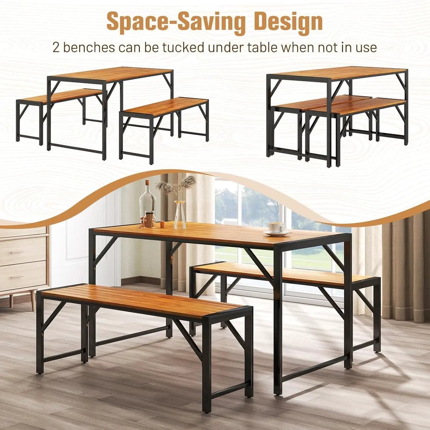 3 Piece Patio Dining Set For Six With 53 Inch Acacia Wood Table And Space Saving Benches from PriceLows™