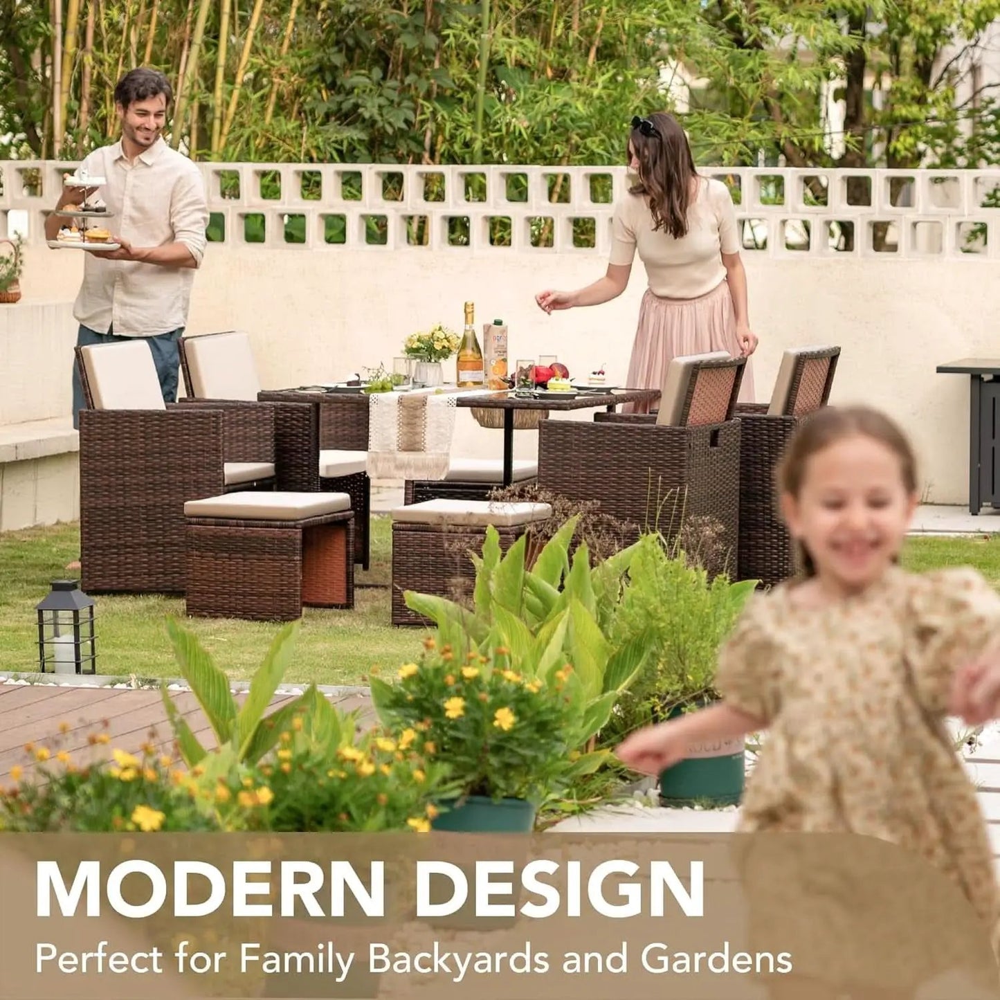 9 Piece Outdoor Patio Dining Set Rattan Chairs With Glass Table Beige Cushioned from PriceLows™