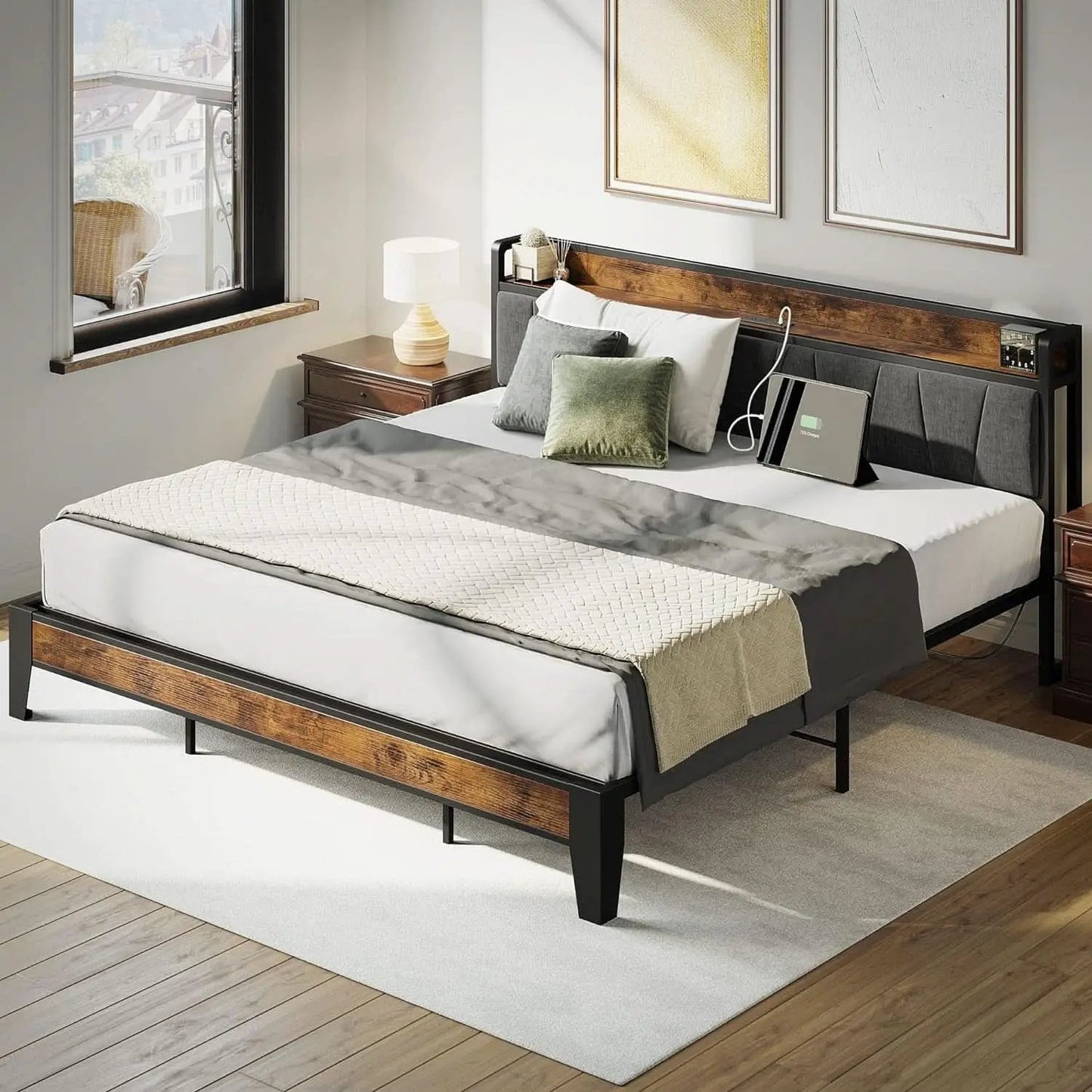 King Size Bed Frame With Storage Headboard And USB Charging Ports from PriceLows™
