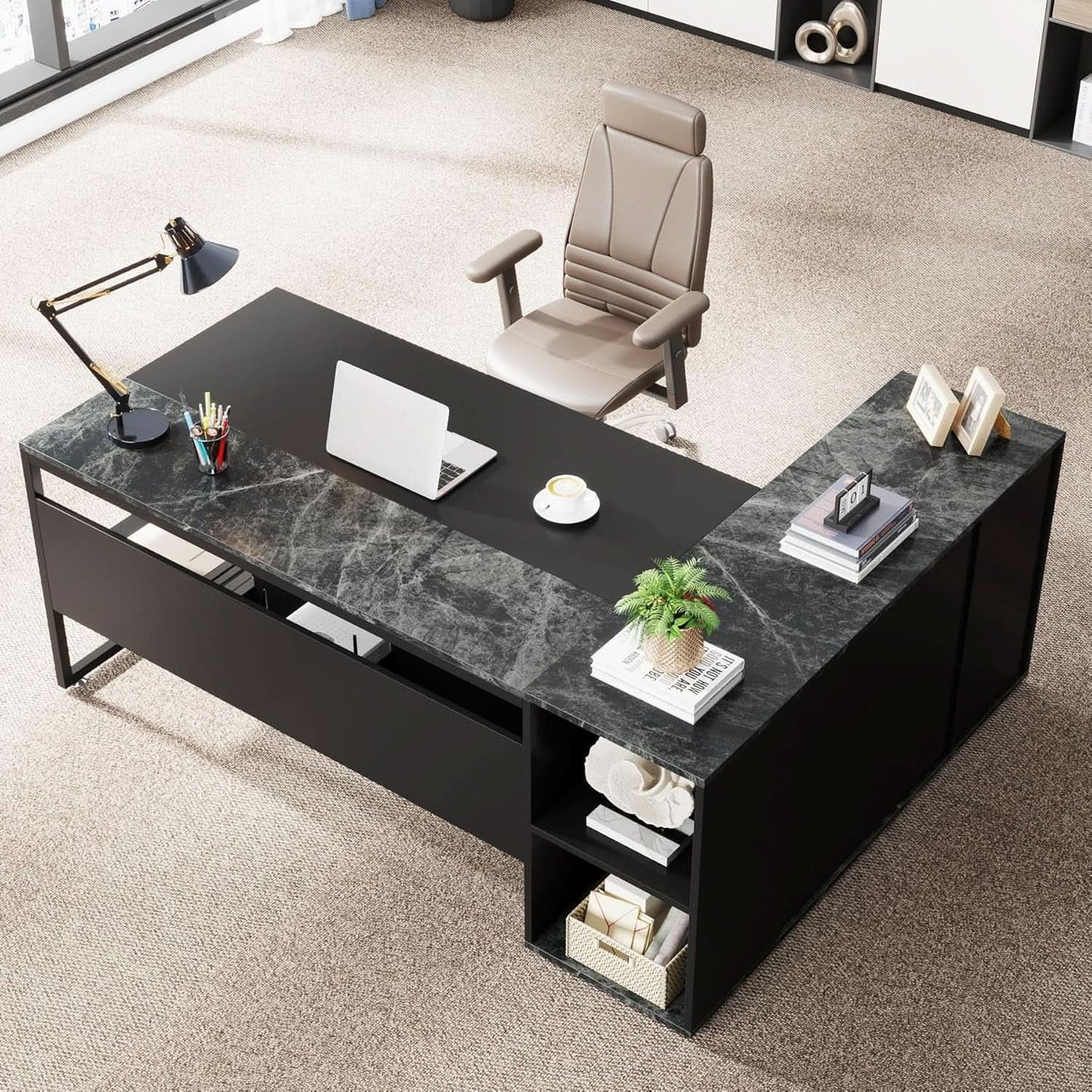 71 Inch Black L Shaped Executive Desk With Storage from PriceLows™