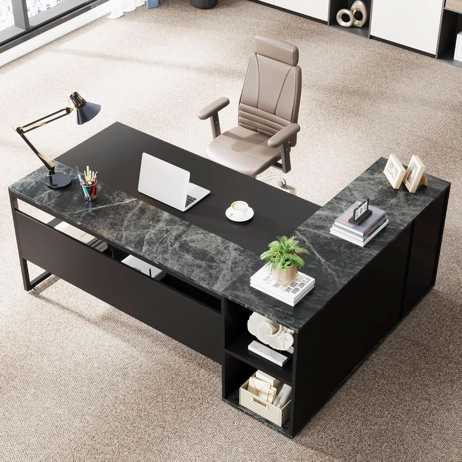 71 Inch Black L Shaped Executive Desk With Storage from PriceLows™