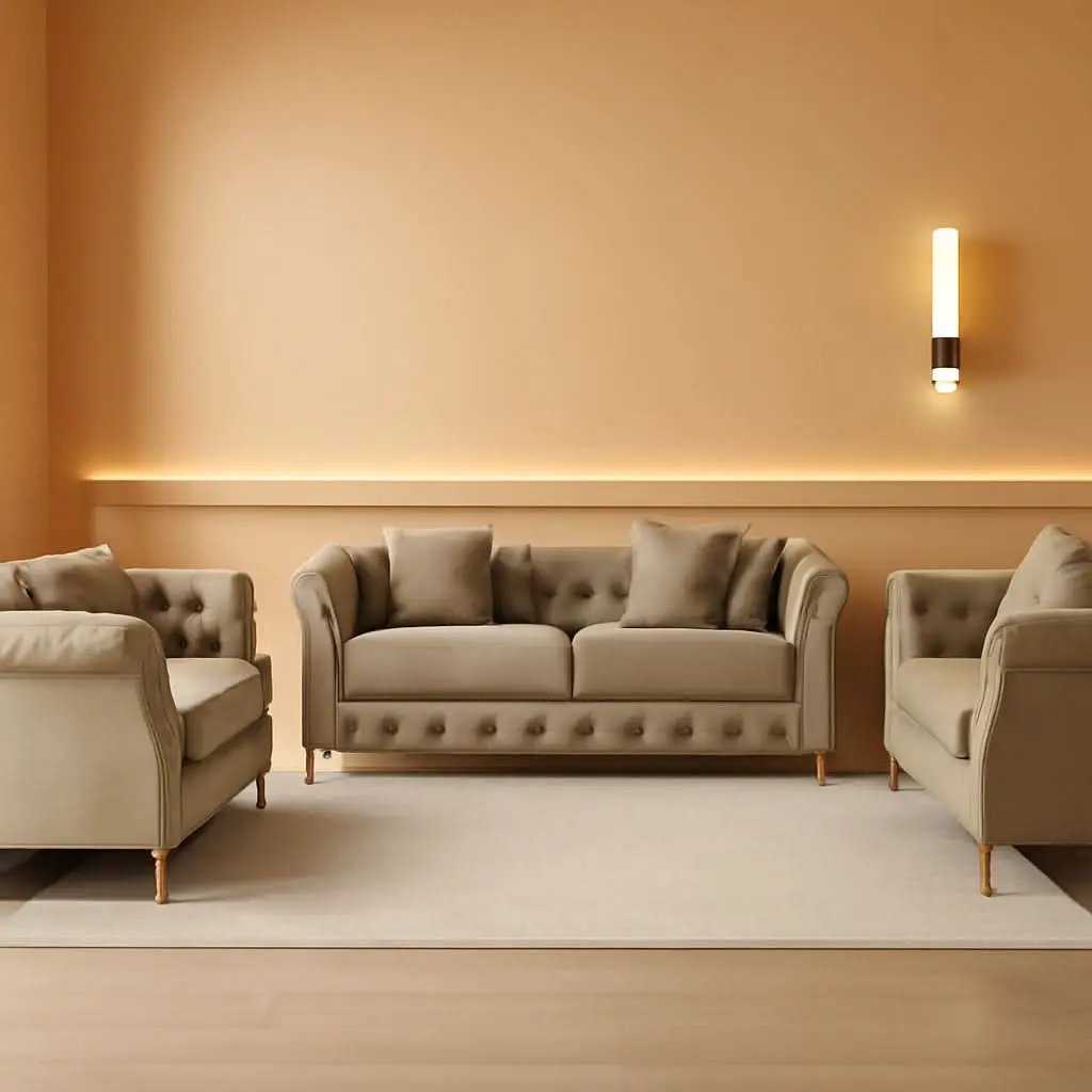 Three Piece Living Room Set Mid Century Sofa Armchair Loveseat Beige With Button Tufting And Nailhead Trim from PriceLows™