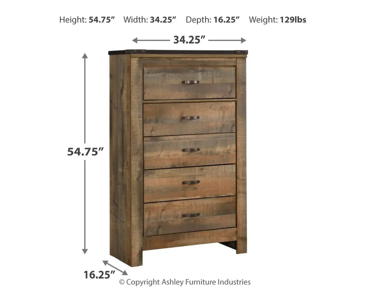 Trinell Five Drawer Chest | Brown Rustic Plank Finish | Replicated Oak Grain | Engineered Wood