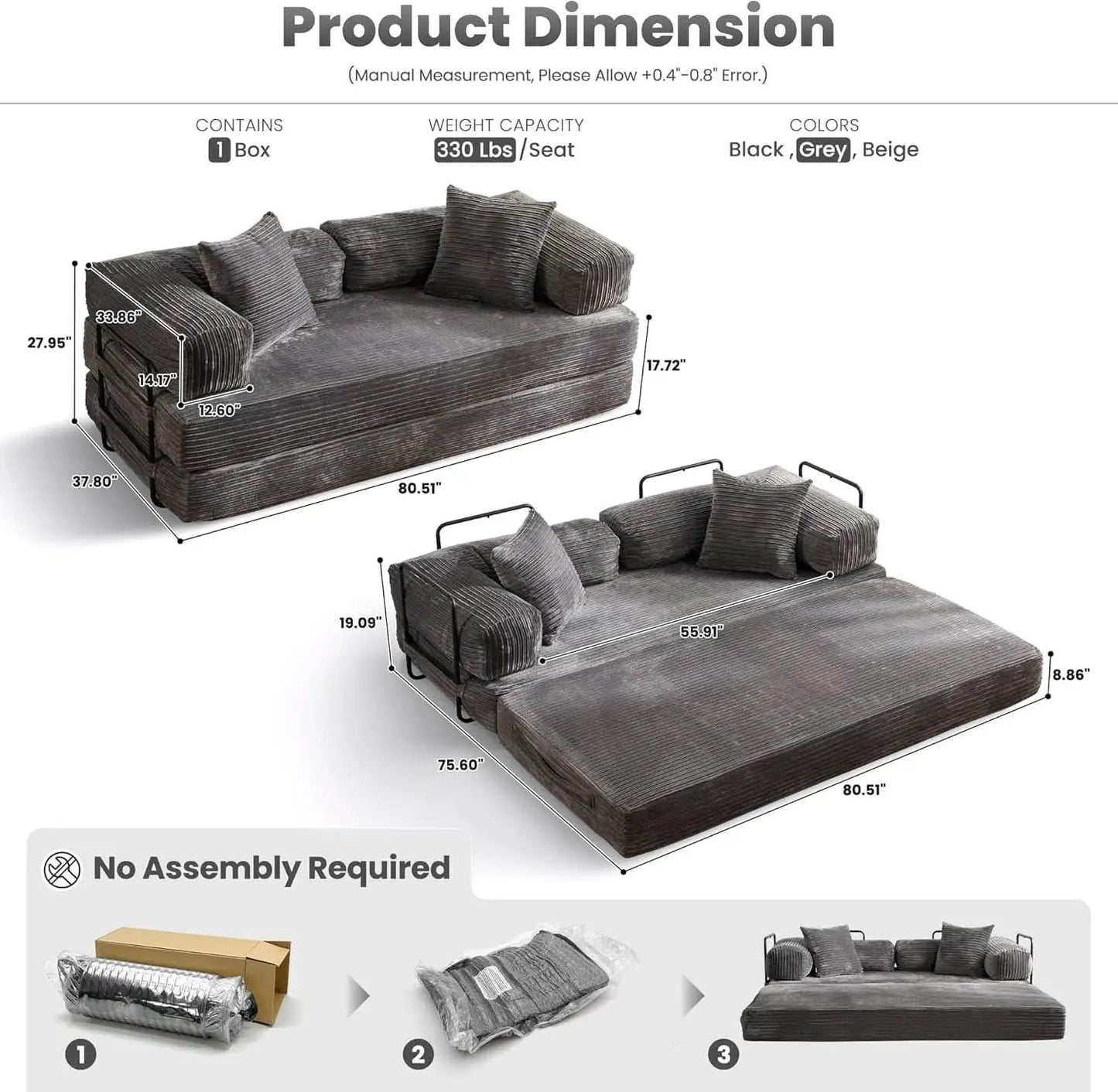 Grey Corduroy 81 Inch Ultracomfort Foldable SofaBed from PriceLows™