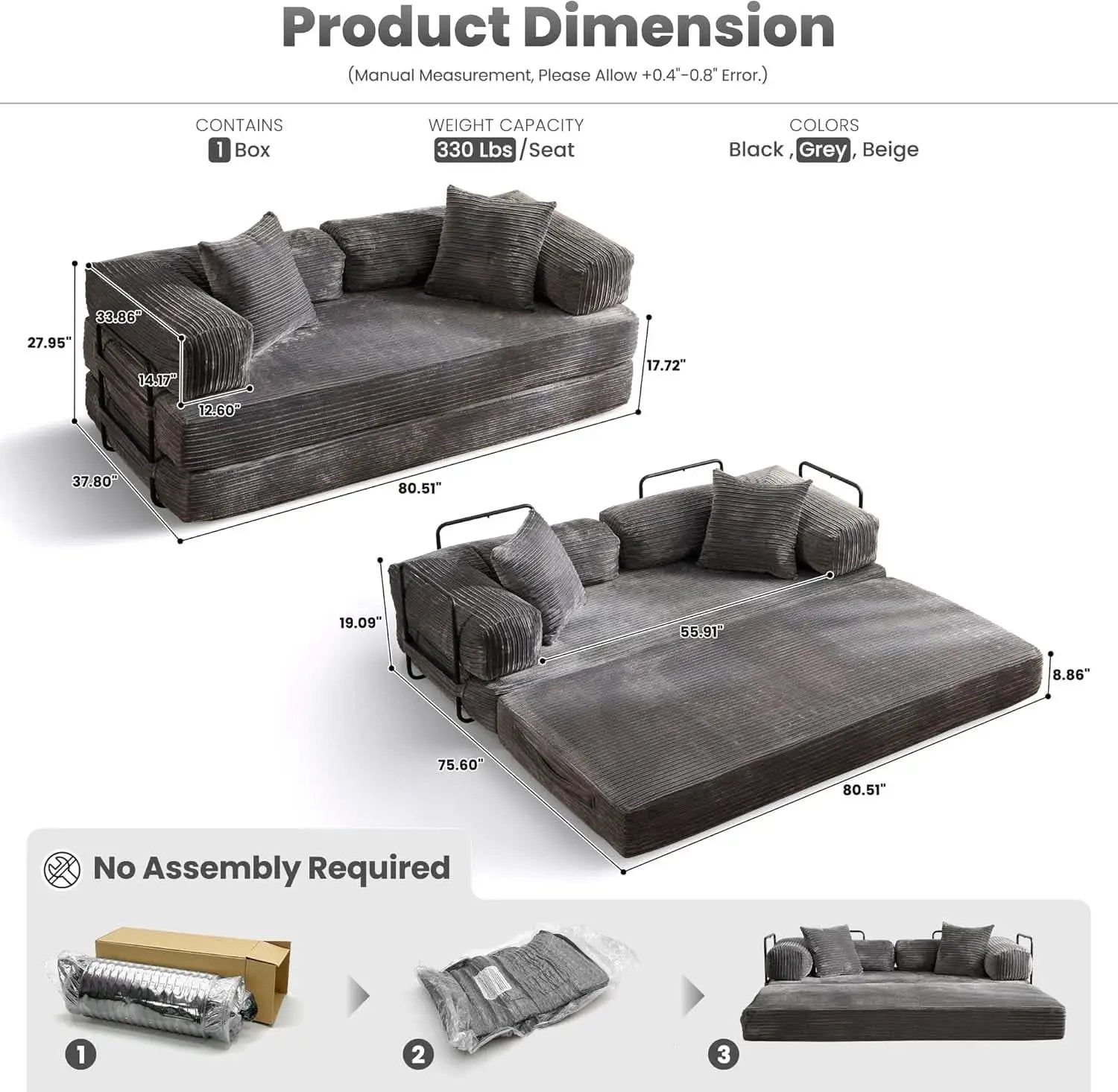 Grey Corduroy 81 Inch Ultracomfort Foldable SofaBed from PriceLows™
