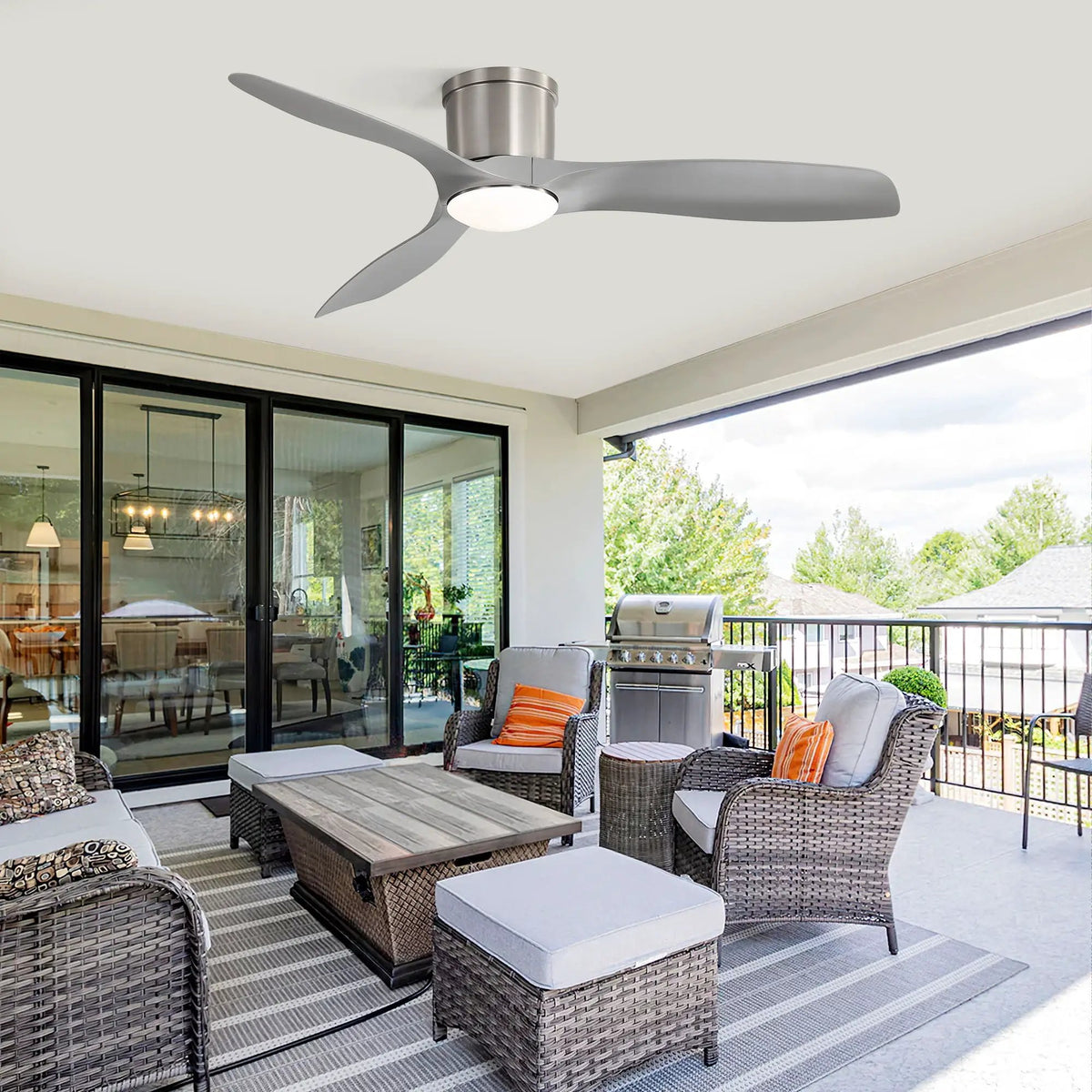 Flush Mount Ceiling Fan | 52 Inch Span | Dimmable LED Light | 3 Blades Reversible DC Motor