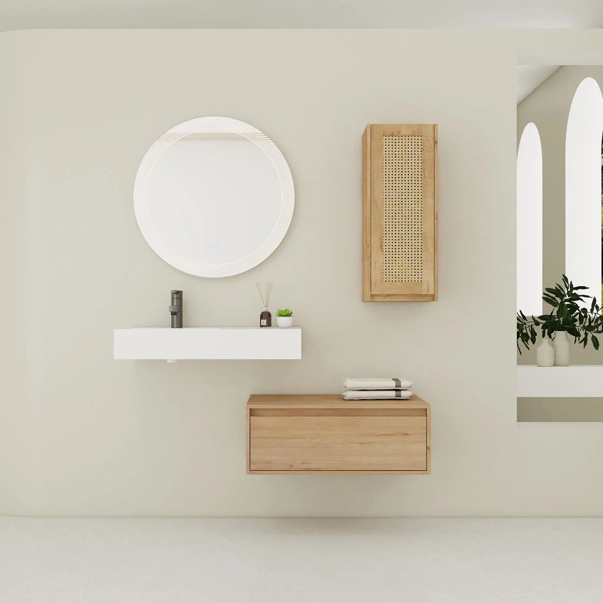 Modern Imitative Wall Mounted Bathroom Vanity With Resin Sink And Side Cabinet | 2 Pieces | Plywood & Resin | Bathroom