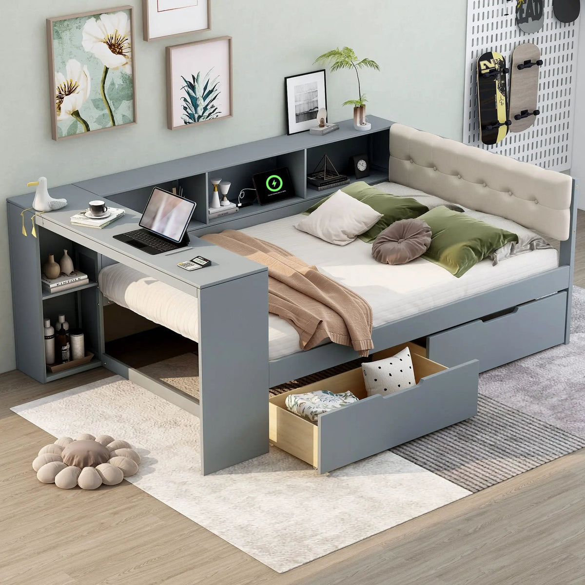 Upholstered Headboard Platform Bed | Storage Shelves | Two Drawers | Charging Station