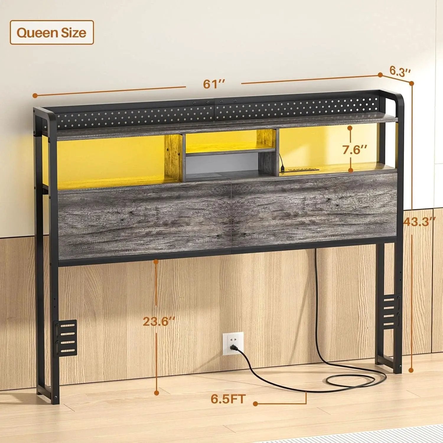 Queen Size Headboard With Storage Shelf And USB Ports from PriceLows™