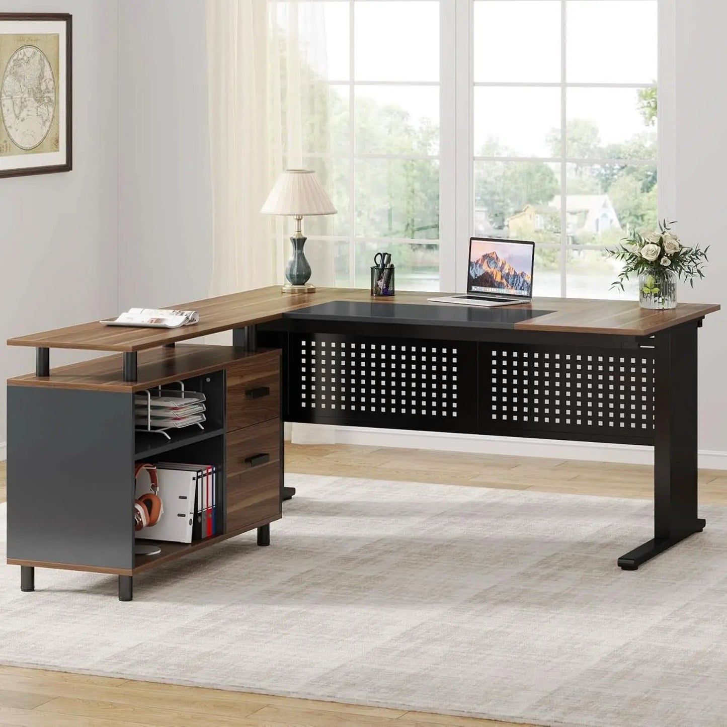 63 Inch L Shaped Desk With File Cabinet For Home Office from PriceLows™