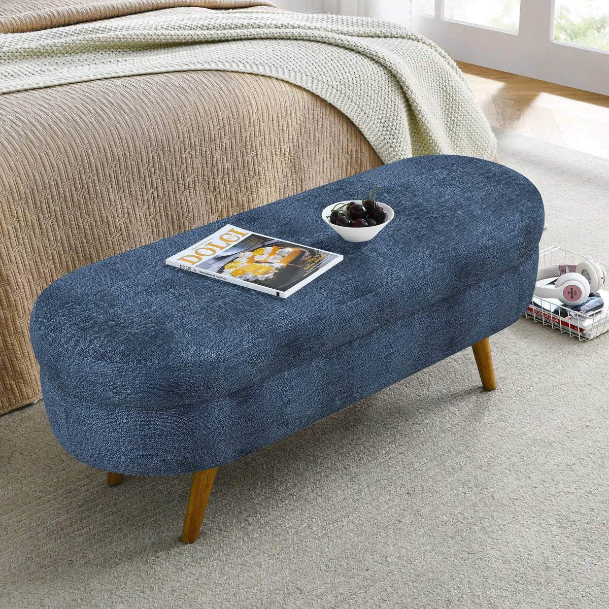 Oval Storage Ottoman Bench | Rubber Wood Legs | Pleated Dark Fabric | Footstool Or Extra Seating