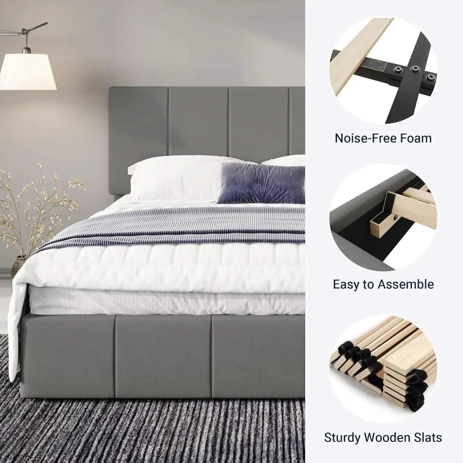 King Size Grey Velvet Upholstered Platform Bed Frame from PriceLows™