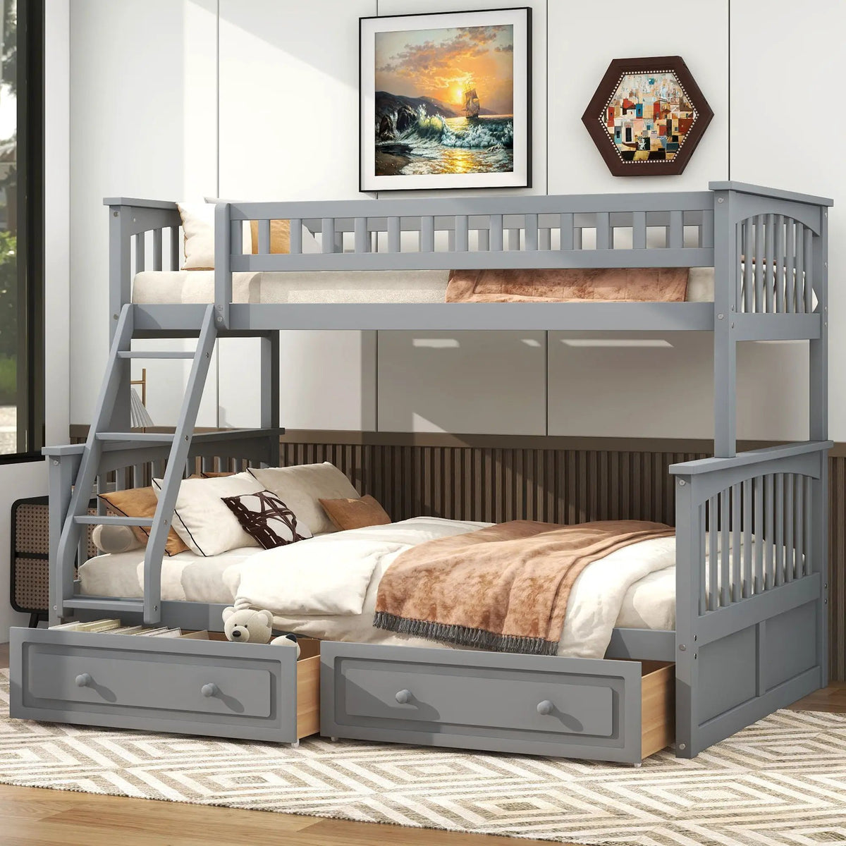 Bunk Bed With Drawers | Convertible Storage Design | Solid Pine Wood | Fence-Shaped Guardrail