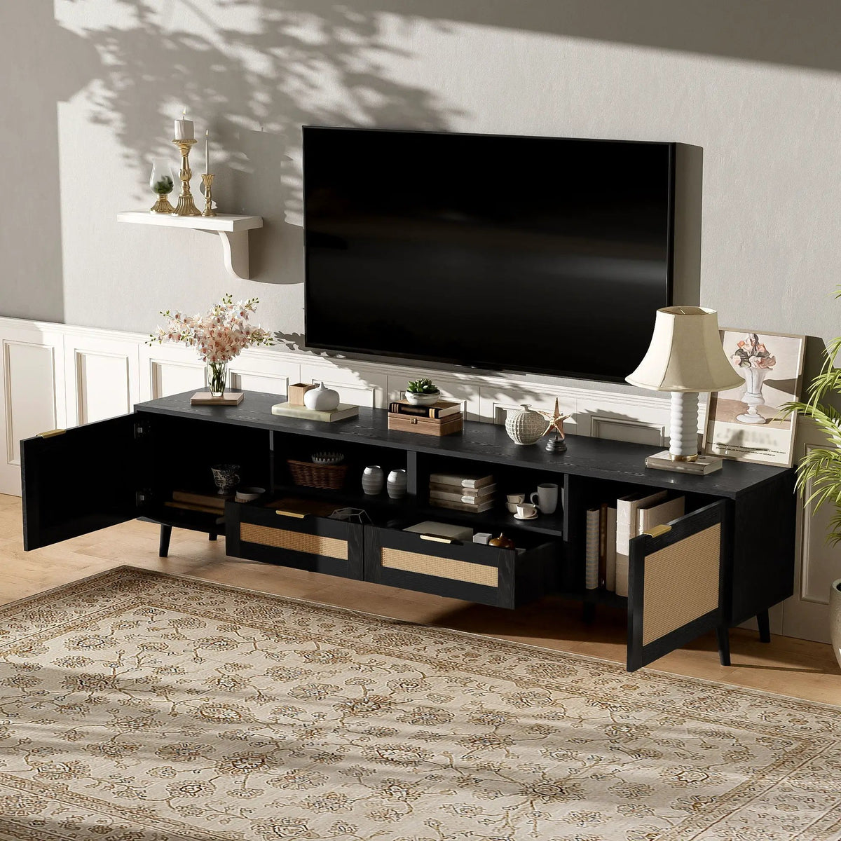 Rattan TV Stand | Media Console | Two Cabinets And Two Open Shelves | Cable Management