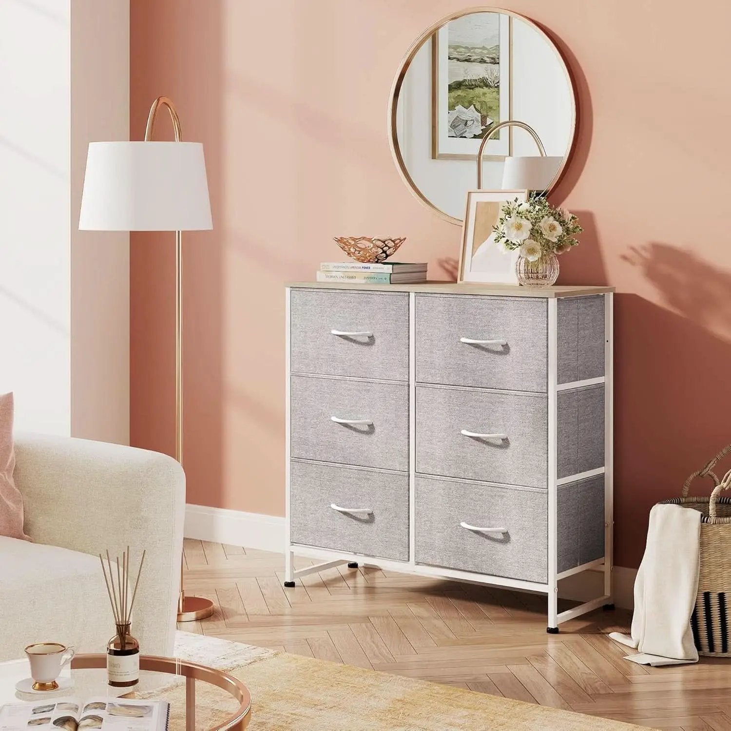 Light Grey Fabric Dresser With 6 Drawers And Fabric Bins from PriceLows™