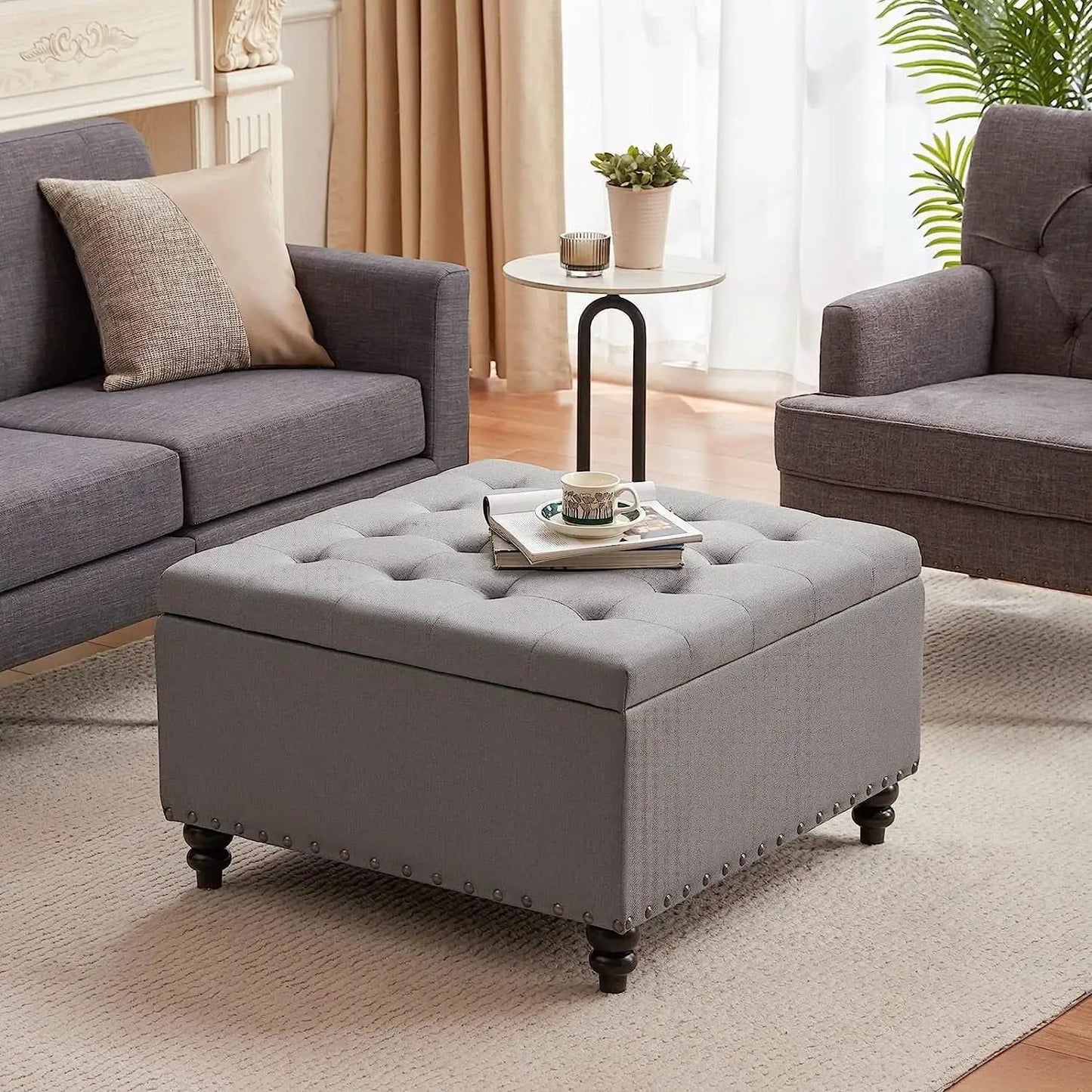 Grey Tufted Storage Ottoman Square For Living Room from PriceLows™