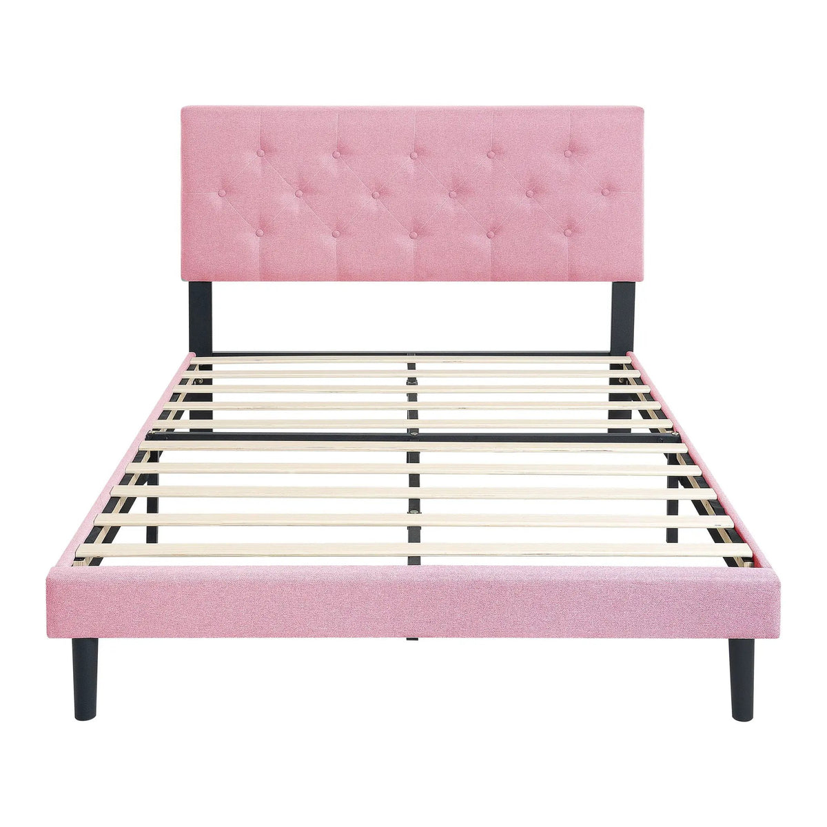 Platform Bed Frame | Button Tufted Headboard | Box Spring Free