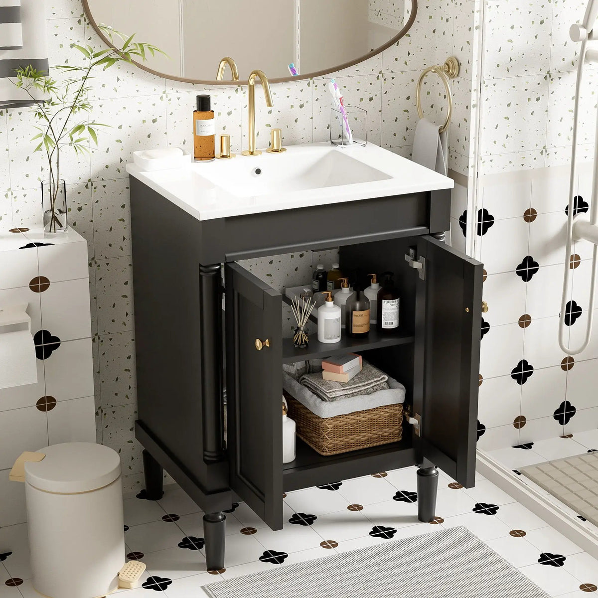 24 Inch Bathroom Vanity With Top Sink | 2 Tier Storage Cabinet | Retro Metal Handles | Soft-Closing Hinges