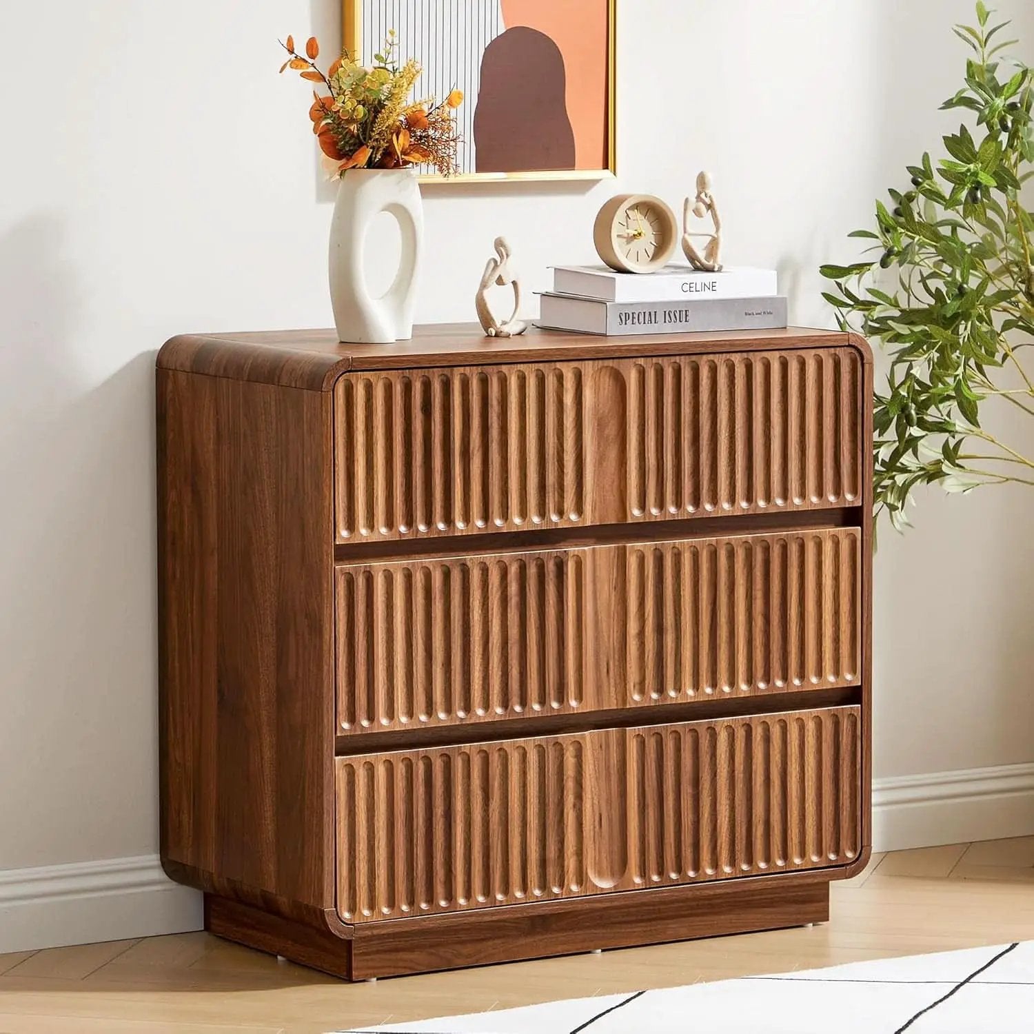 Walnut Fluted Three Drawer Dresser 31 Inch Wide Storage from PriceLows™
