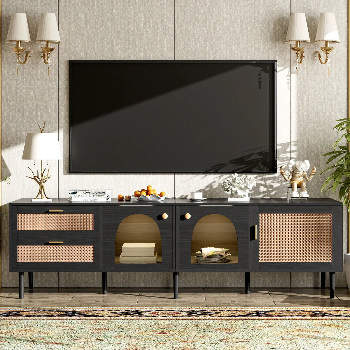 TV Stand | App Controlled LED Lights | Rattan Door Storage | Large TV