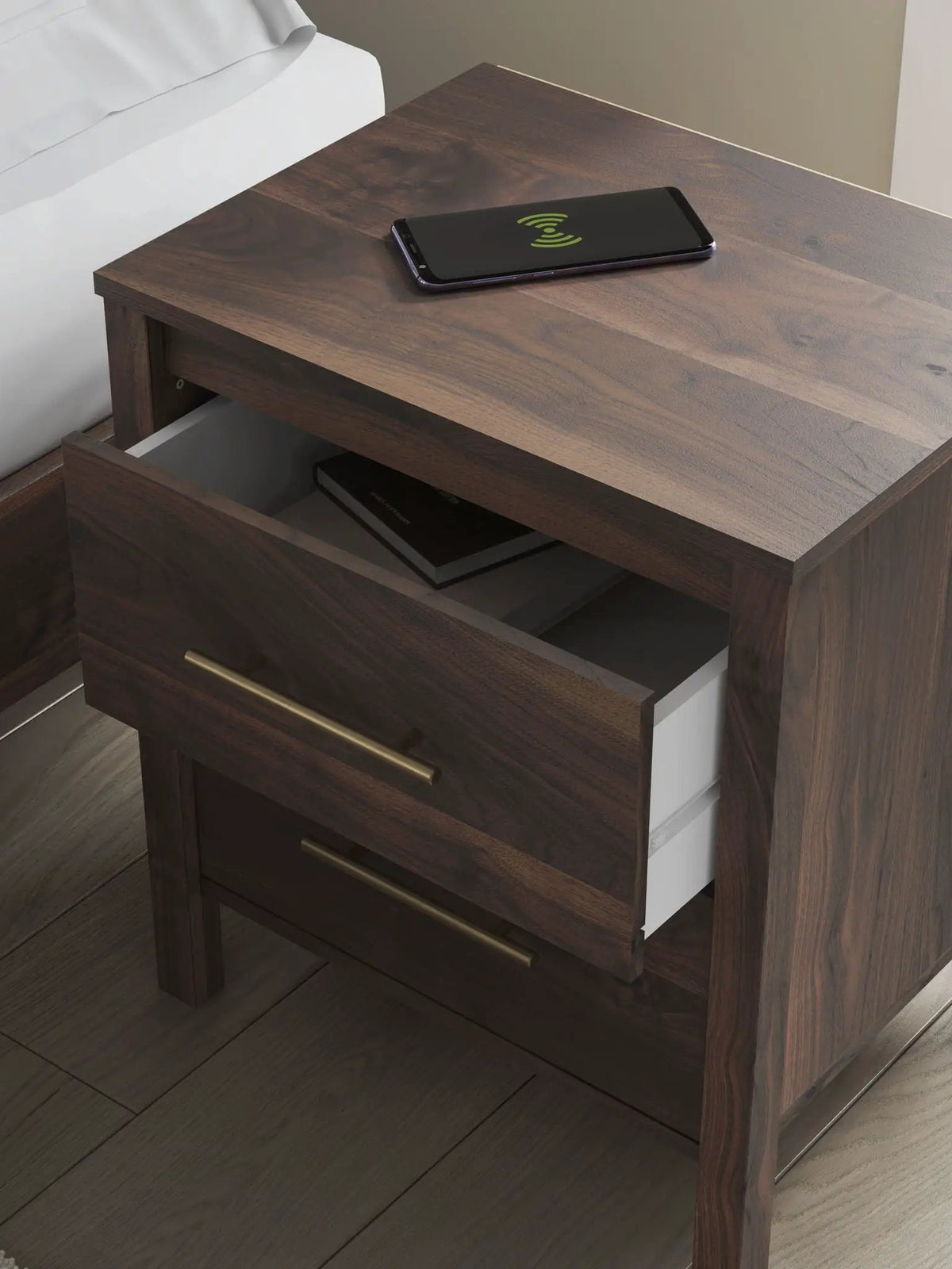 Calverson Nightstand | Industrial Style | Replicated Walnut Grain | Burnished Hardware