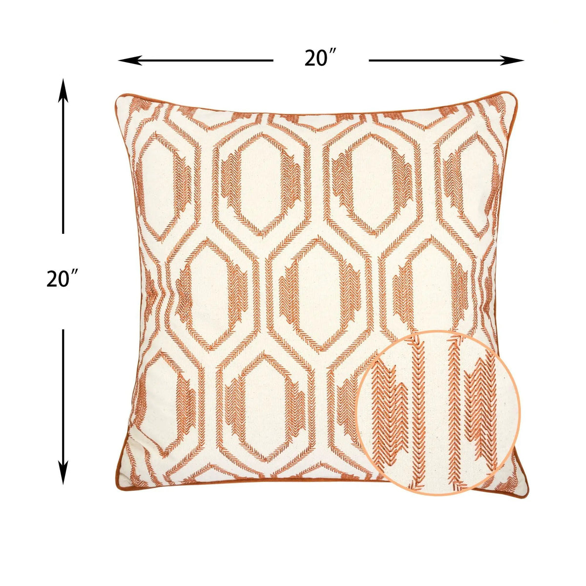 Geometric Embroidered Throw Pillow | Rust Burnt Orange | Natural Cotton Base | 20 x 20 Inch