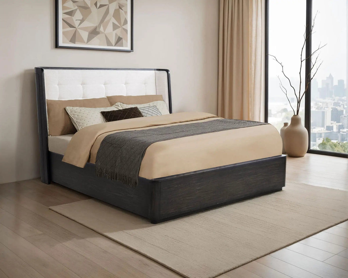 Leandro 55-inch Eastern King Wingback Bed Burnished | 81 x 87 x 54.75 in | Engineered Wood & Fabric | Black