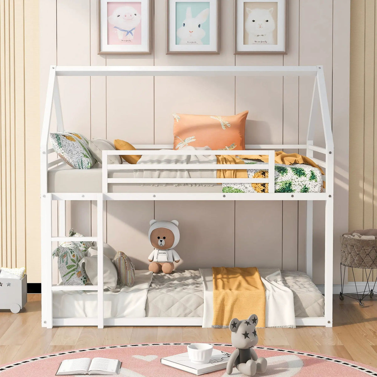 House Bunk Bed | With Built In Slide | Solid Metal Frame | Twin Over Twin