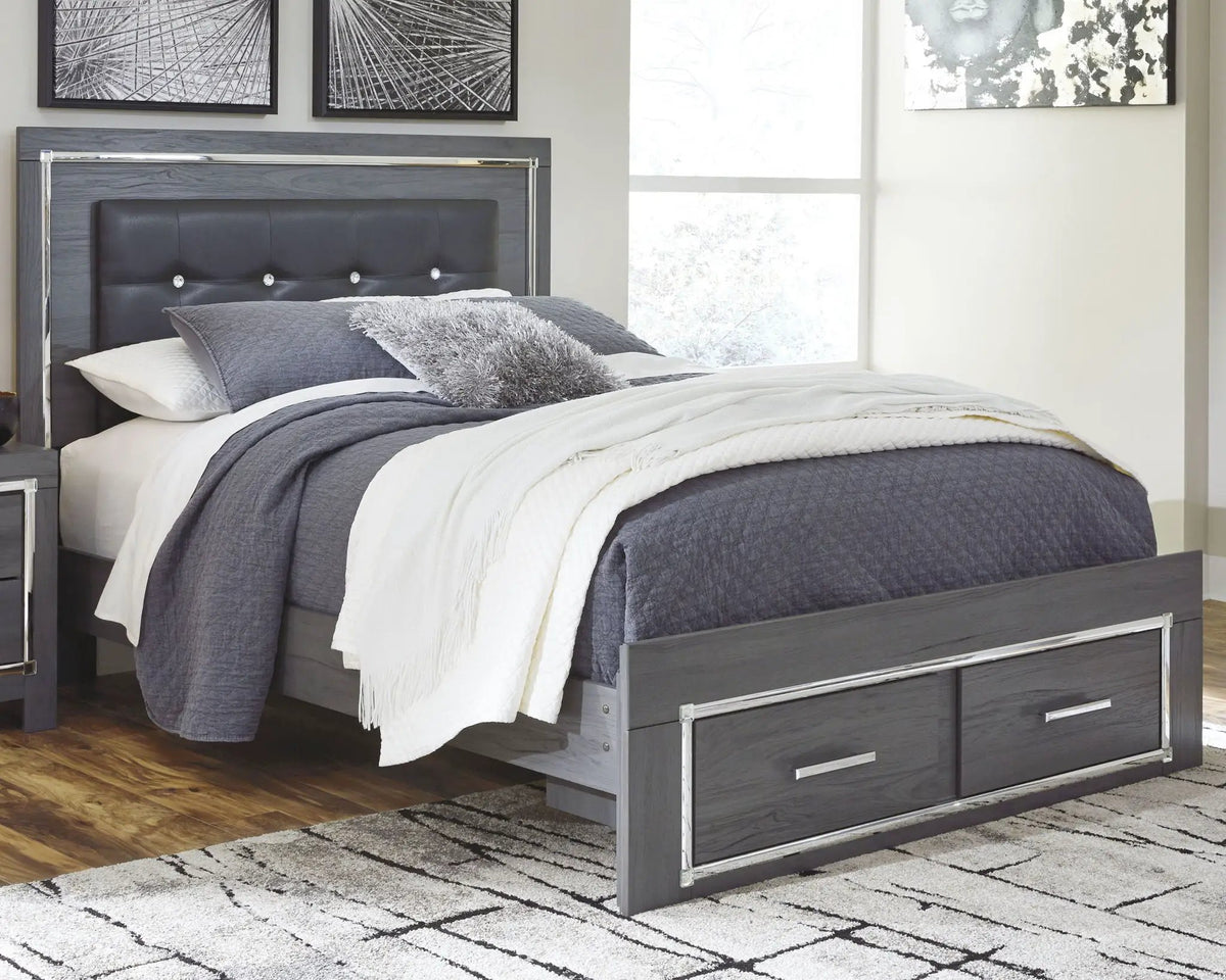 Lodanna Panel Bedroom Set | 4-Piece | Modern Wood-Grain Finish | Faceted Chrome Details