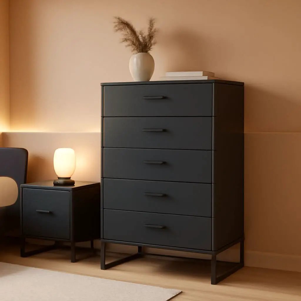 Modern 5-Drawer Chest with Safety Stop, Black Finish for Bedroom from PriceLows™