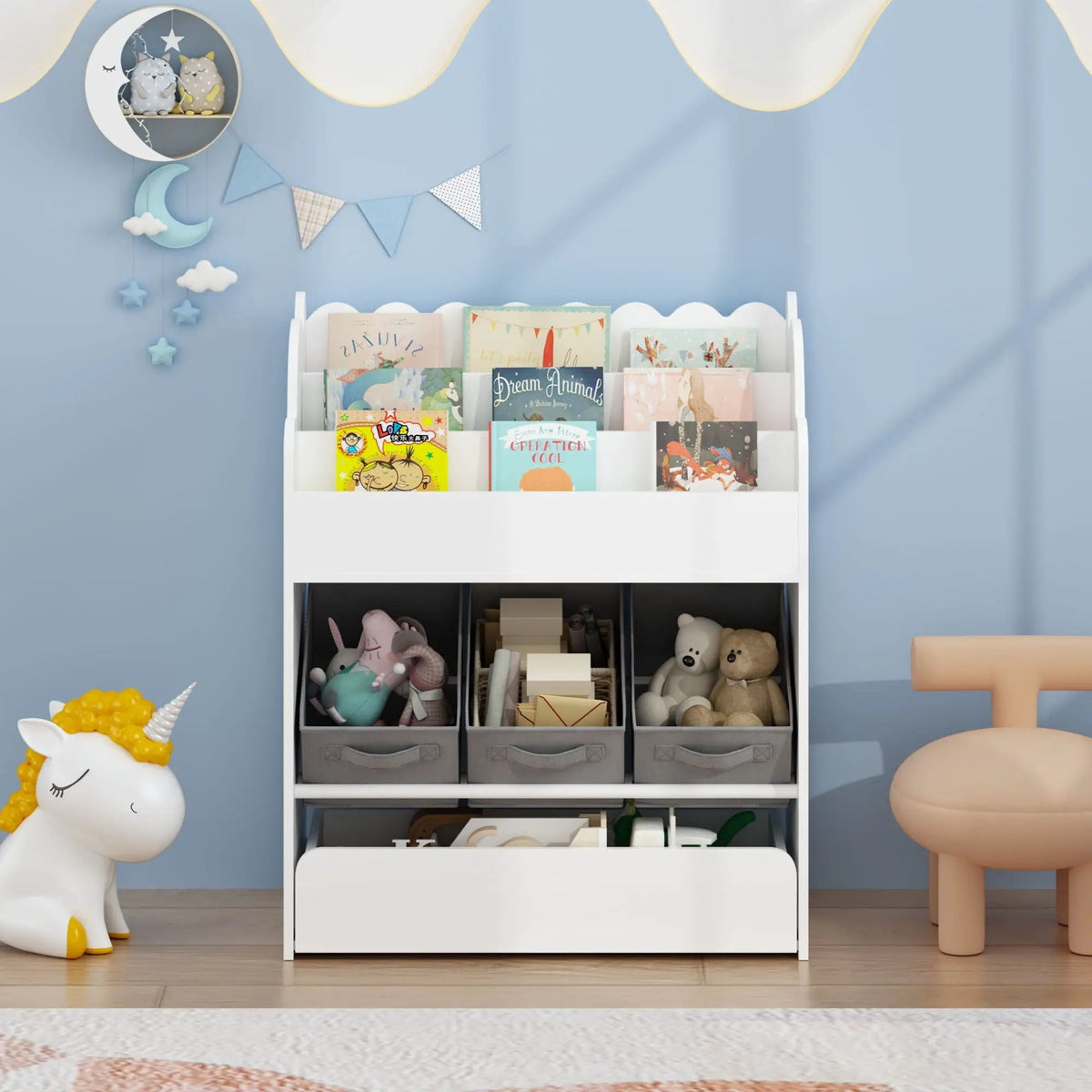 Toddler Bookshelf | 3 Fabric Bins | Bottom Drawer | White